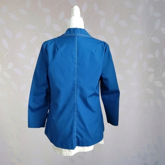 Vintage 70s Koratron Contrast Stitch Blazer Chore Jacket Koret Cerulean Blue Sm - Picture 9 of 16